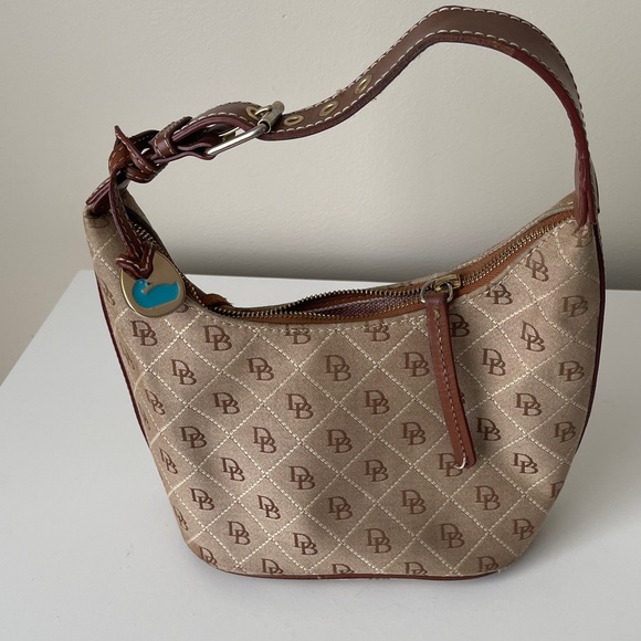 Dooney & Bourke Handbags - Y2K Dooney & Bourke Signature Canvas Small Tan Hobo BagMonogram Shoulder Bag